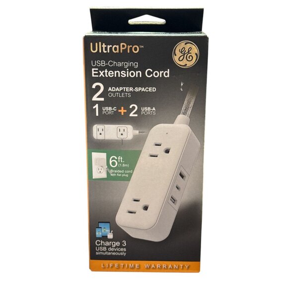 GE Other - GE 2-Outlet Extension Cord 2 USB-A 1 USB-C 12W 6' Braided White/Gray: Flat Plug,